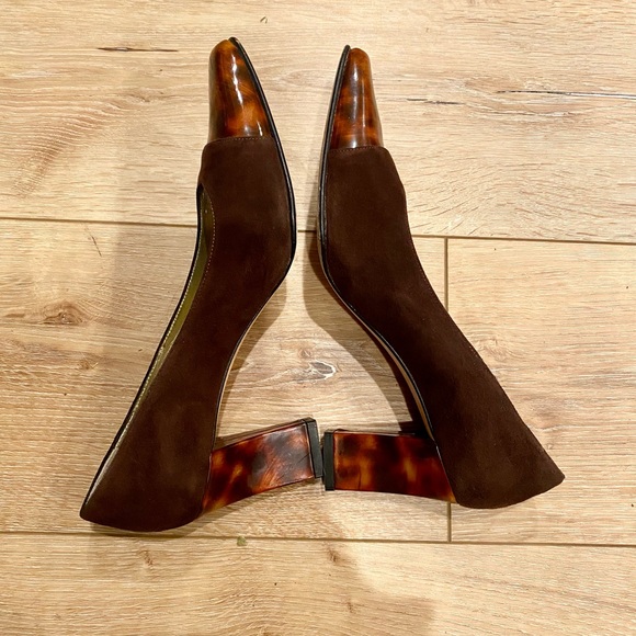 Vintage 90s Escada Womens 7 Brown Pump Heel Square Toe Cap Color Block Tortoise - Picture 5 of 7